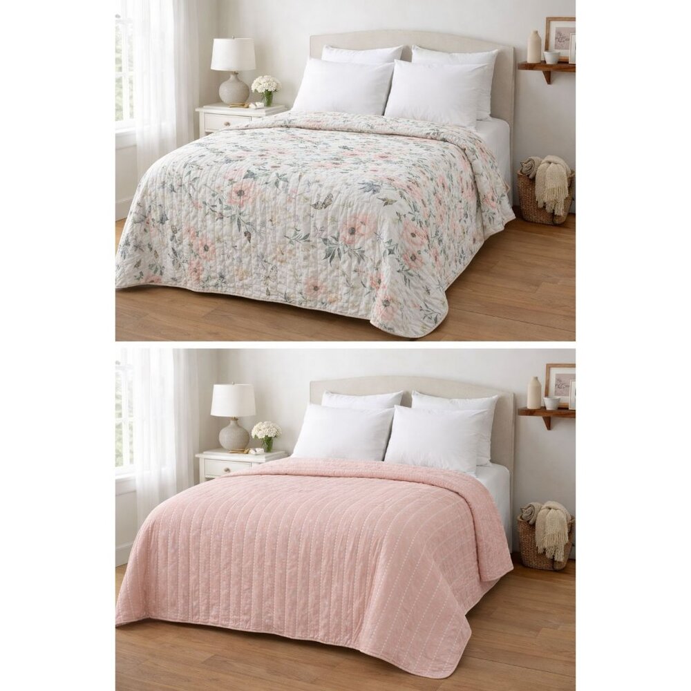 Reversible Floral Butterfly Comforter 86x97‎ Cottagecore Full/Queen Quilt Pink